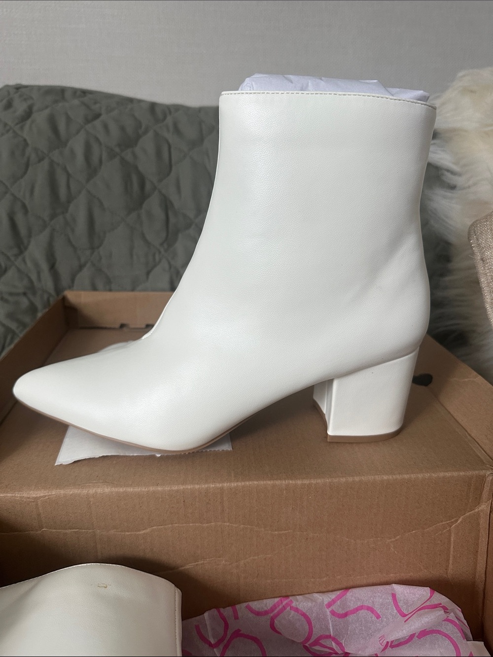 Sugar White Pointed Toe Ankle Boots with Block Heel